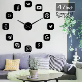 Social Media Symbols DIY Wall Art Giant Wall Clock Office College Dorm Decor 3D Frameless Icons Wall Clock Gifts for Teenagers