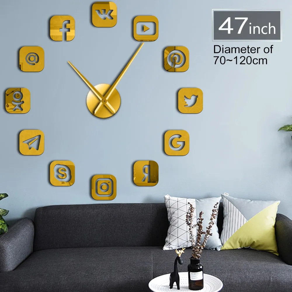 Social Media Symbols DIY Wall Art Giant Wall Clock Office College Dorm Decor 3D Frameless Icons Wall Clock Gifts for Teenagers