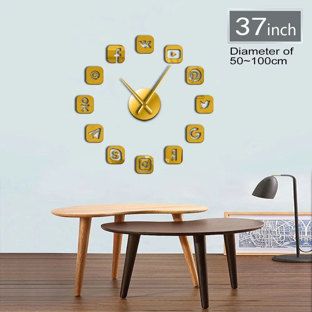 Social Media Symbols DIY Wall Art Giant Wall Clock Office College Dorm Decor 3D Frameless Icons Wall Clock Gifts for Teenagers