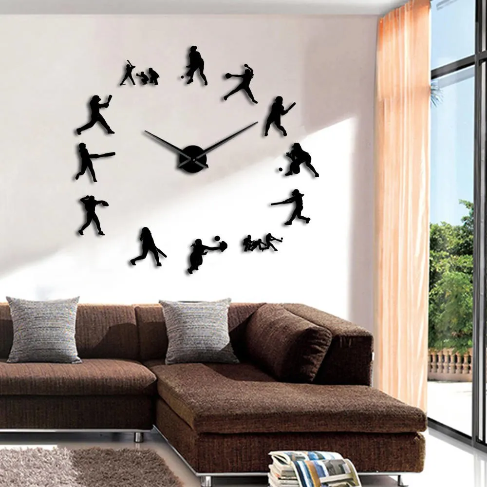 Softball Female Players DIY Oversized Wall Clock Mirror Effect Home Decor Women Sports Gift Big Metal Needles Giant Clock Watch