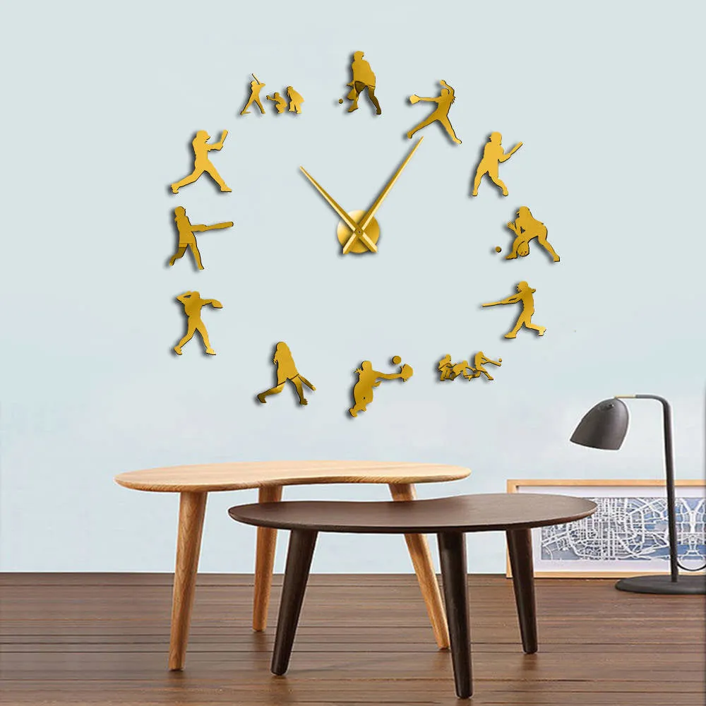 Softball Female Players DIY Oversized Wall Clock Mirror Effect Home Decor Women Sports Gift Big Metal Needles Giant Clock Watch