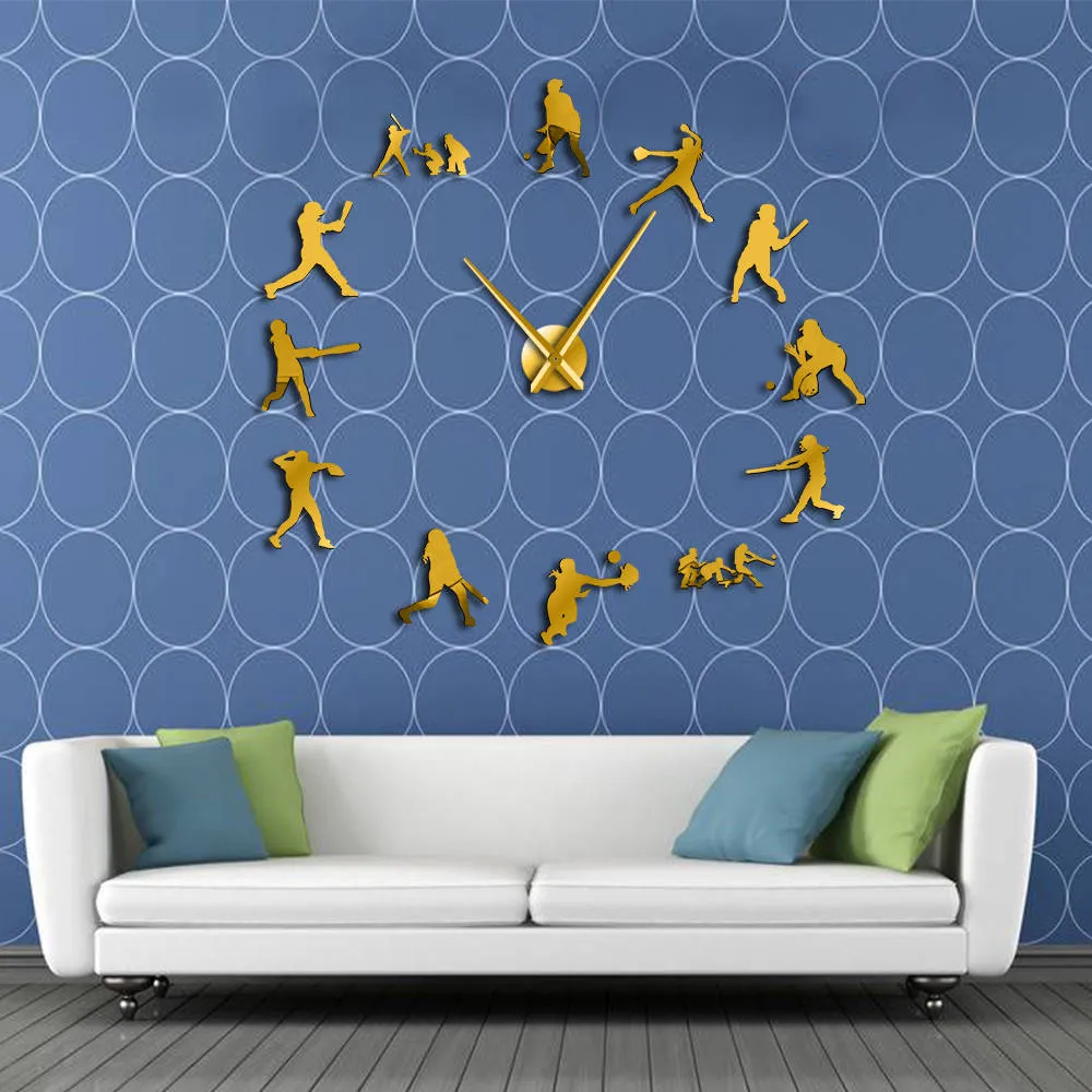 Softball Female Players DIY Oversized Wall Clock Mirror Effect Home Decor Women Sports Gift Big Metal Needles Giant Clock Watch