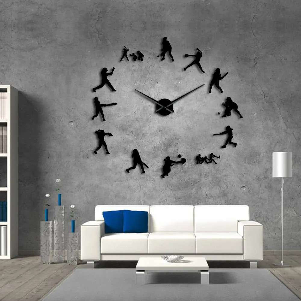 Softball Female Players DIY Oversized Wall Clock Mirror Effect Home Decor Women Sports Gift Big Metal Needles Giant Clock Watch