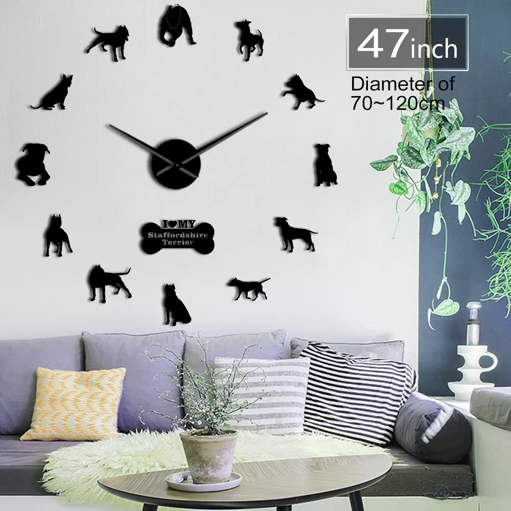 Staffordshire Bull Terrier DIY Big Wall Clock Staffie DIY Giant Wall Art Decorative Wall Watch Dog Breed Ornament Memorial Gift