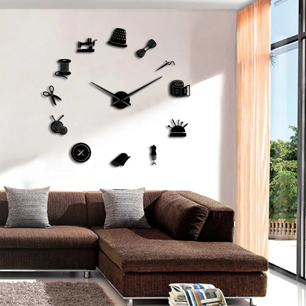 Tailor Shop DIY Giant Wall Clock Dressmaker Needlecraft Seamstress Mannequin Sewing Machine Needle Bar Large Clock Wall Watch