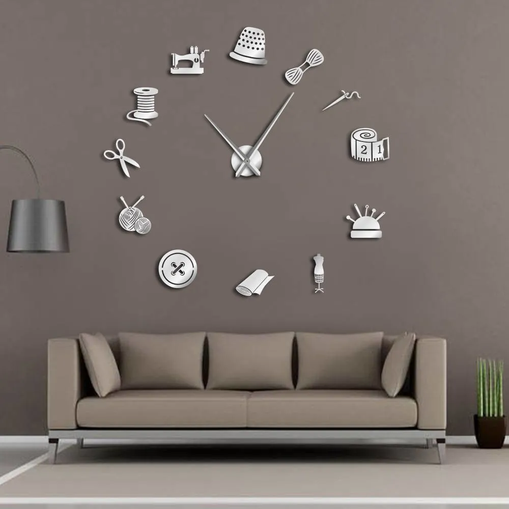 Tailor Shop DIY Giant Wall Clock Dressmaker Needlecraft Seamstress Mannequin Sewing Machine Needle Bar Large Clock Wall Watch