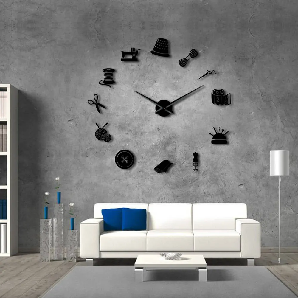 Tailor Shop DIY Giant Wall Clock Dressmaker Needlecraft Seamstress Mannequin Sewing Machine Needle Bar Large Clock Wall Watch