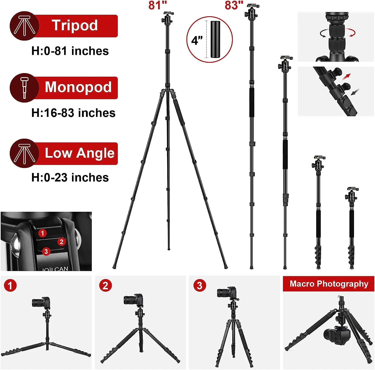 Tripod for Camera, 81" Camera Tripod Stand, 83 inches DSLR Tripods & Monopods, Heavy Duty Travel Tripod for Binoculars Laser Level Spotting Scope Telescope, Professional Complete Tripod Units(USA)