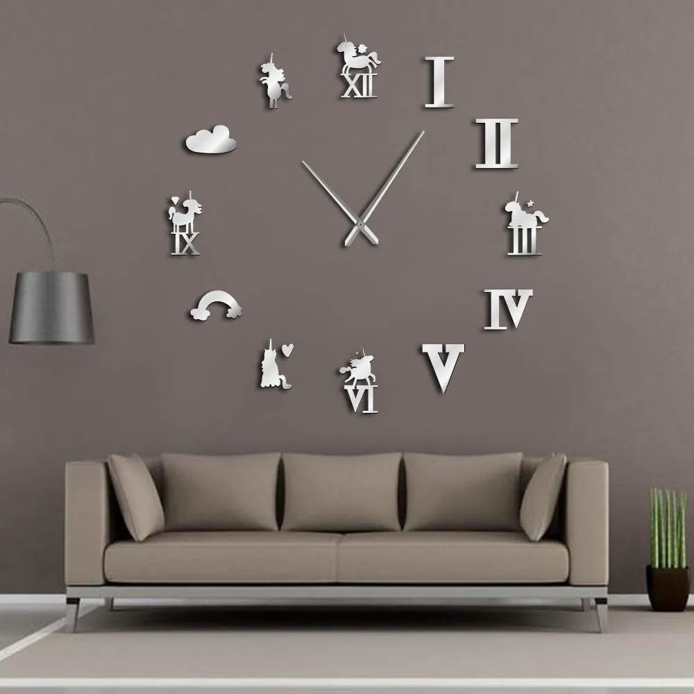 Unicorn Large Wall Clock Rainbow Cloud Magical Unicorns Giant Wall Clock Modern Design Kid Room Living Room Wall Watch Art Decor
