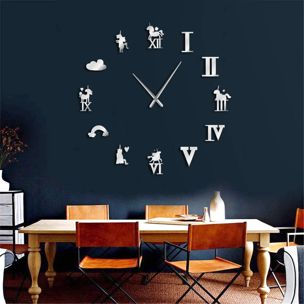 Unicorn Large Wall Clock Rainbow Cloud Magical Unicorns Giant Wall Clock Modern Design Kid Room Living Room Wall Watch Art Decor