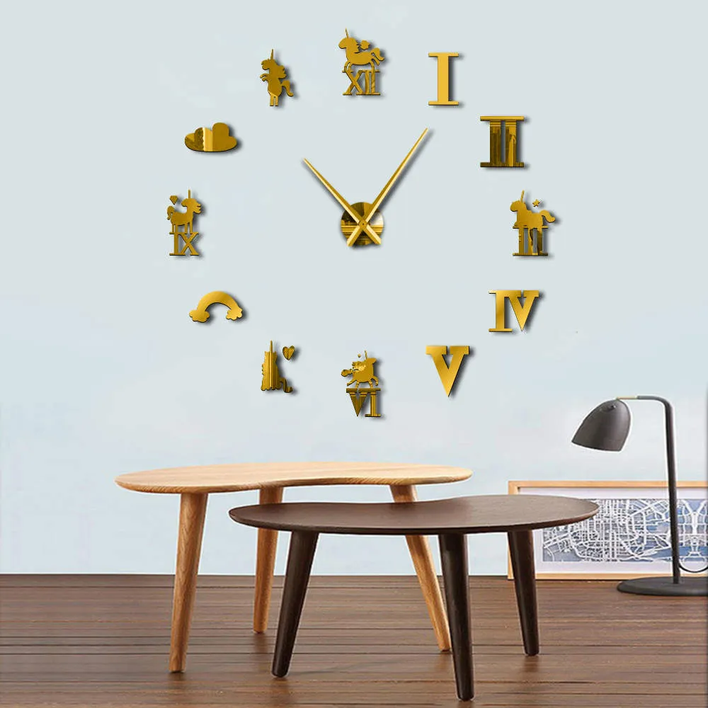Unicorn Large Wall Clock Rainbow Cloud Magical Unicorns Giant Wall Clock Modern Design Kid Room Living Room Wall Watch Art Decor
