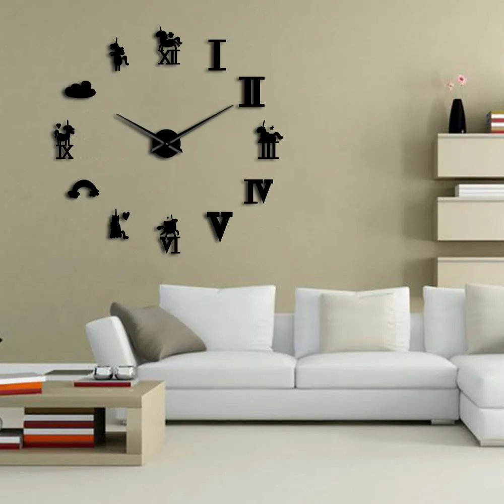 Unicorn Large Wall Clock Rainbow Cloud Magical Unicorns Giant Wall Clock Modern Design Kid Room Living Room Wall Watch Art Decor