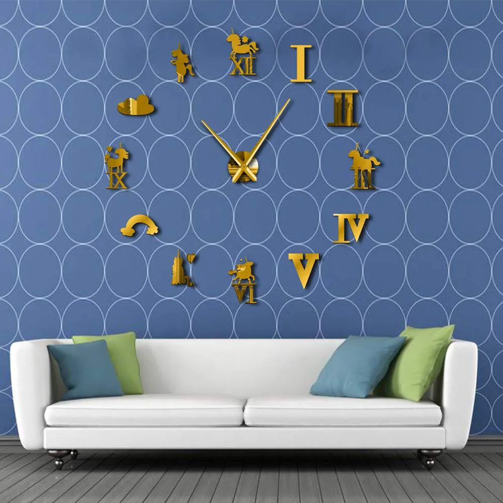 Unicorn Large Wall Clock Rainbow Cloud Magical Unicorns Giant Wall Clock Modern Design Kid Room Living Room Wall Watch Art Decor