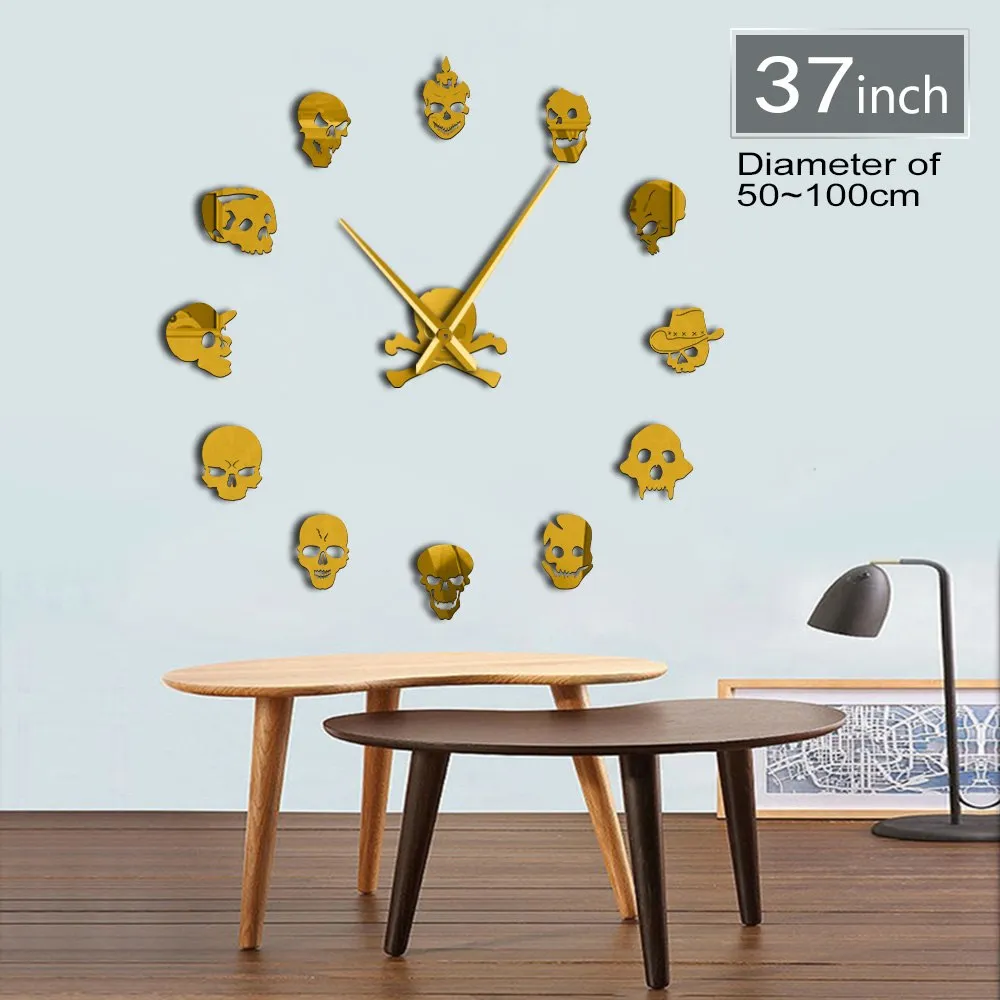 Various Skull Heads Decorative DIY Sticker Large Wall Clock Dead Skeleton Cranium Modern Novelty Gift Custom DIY Big Wall Clock