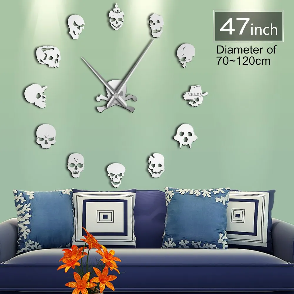 Various Skull Heads Decorative DIY Sticker Large Wall Clock Dead Skeleton Cranium Modern Novelty Gift Custom DIY Big Wall Clock