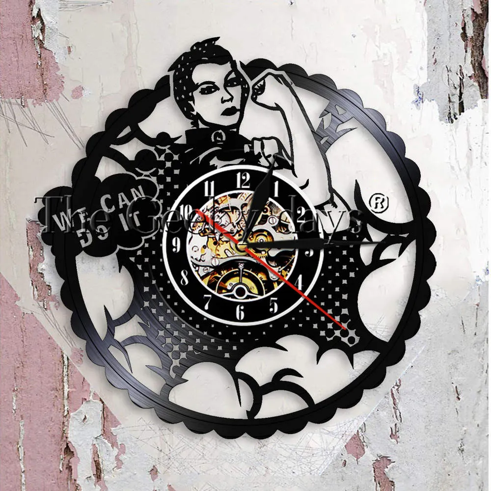 We Can Do It Girl Power Rosie the Riveter Feminist Home Decor Modern Wall Clock Strong Woman Protest Signs Vinyl Record Clock