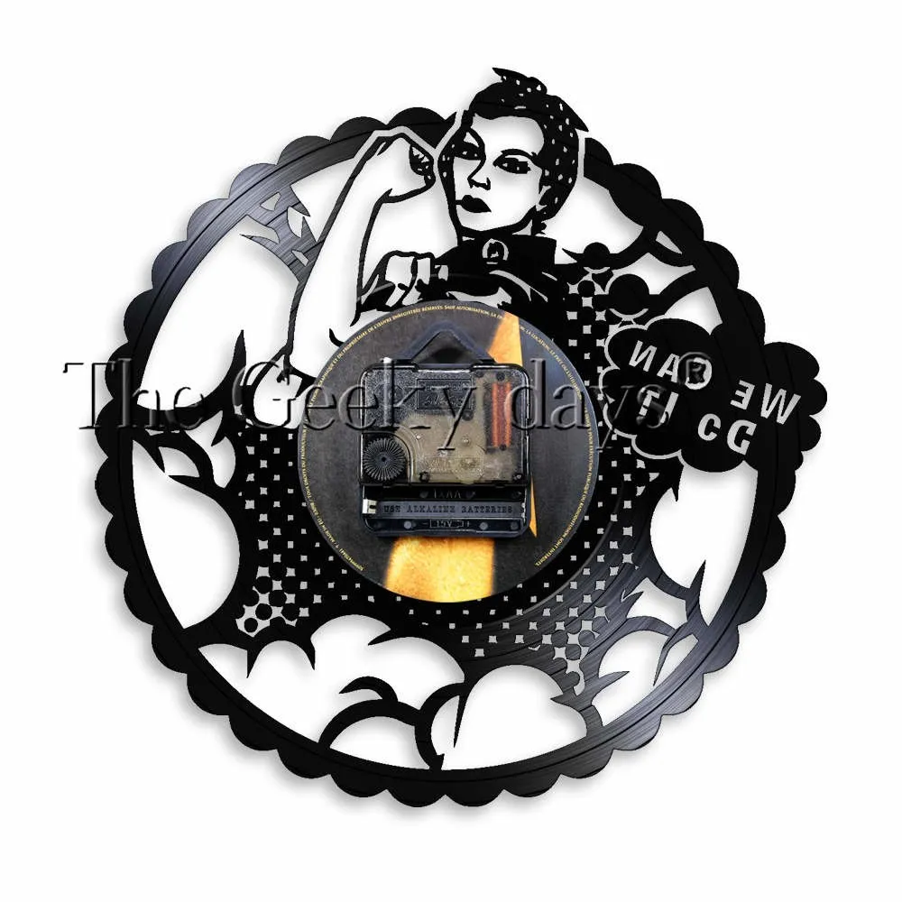 We Can Do It Girl Power Rosie the Riveter Feminist Home Decor Modern Wall Clock Strong Woman Protest Signs Vinyl Record Clock