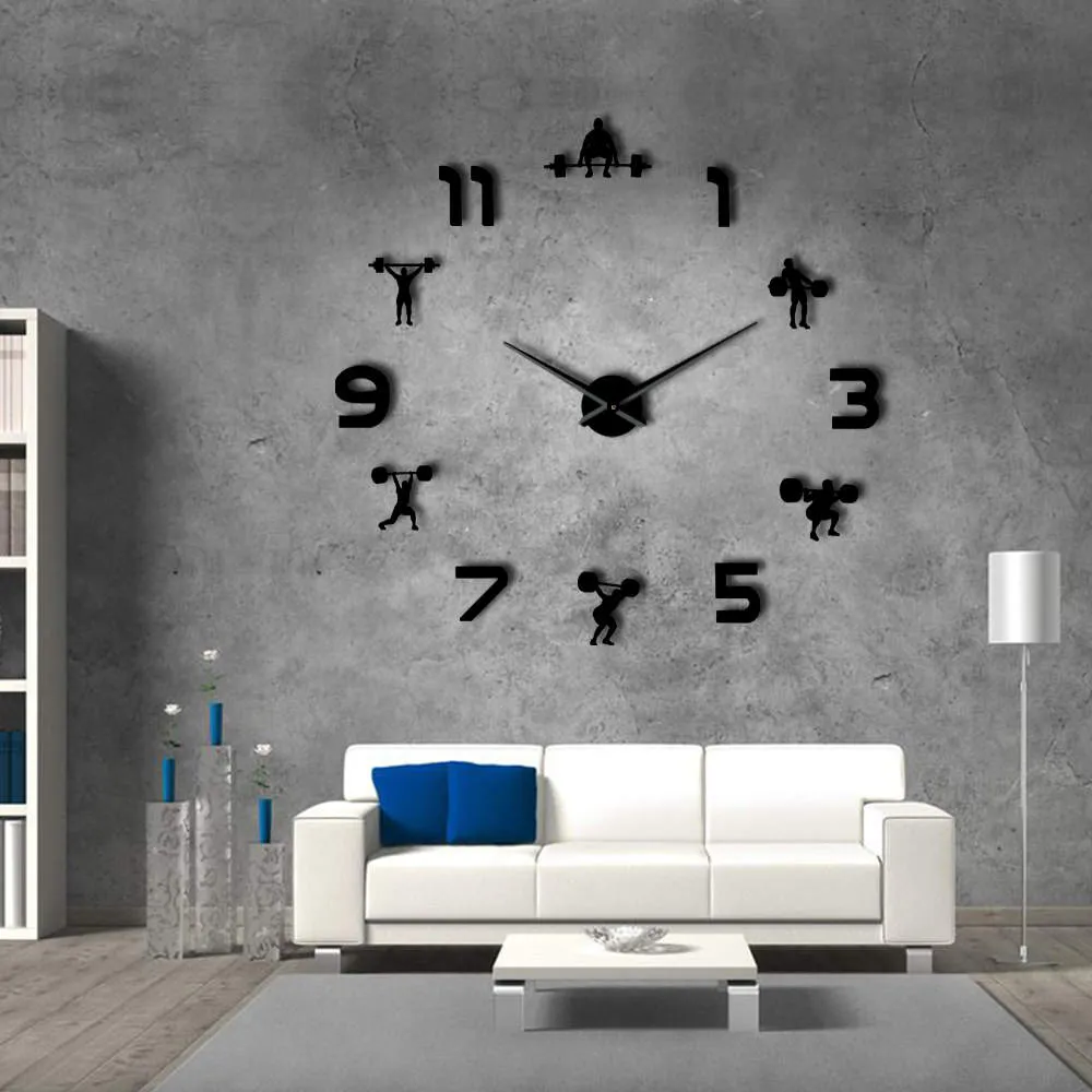 Weightlifting Fitness Room Wall Decor DIY Giant Wall Clock Mirror Effect Powerlifting Frameless Large Wall Clock GYM Wall Watch