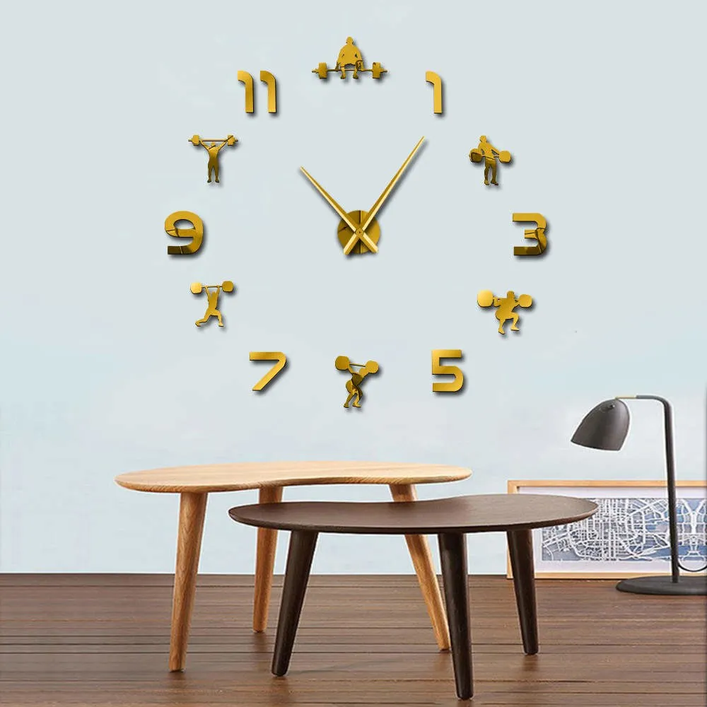 Weightlifting Fitness Room Wall Decor DIY Giant Wall Clock Mirror Effect Powerlifting Frameless Large Wall Clock GYM Wall Watch