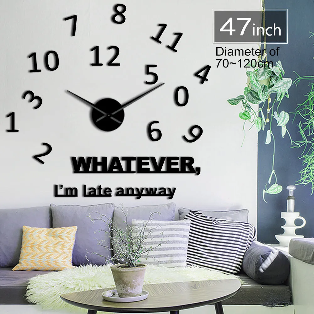 Whatever I'm Late Anyway Inspirational Quote Wall Art Large Numbers DIY Wall Clock Living Room Wall Watch Procrastinators Gifts
