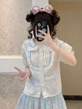 White and Blue Round Flat Collar Short Sleeves Blouse