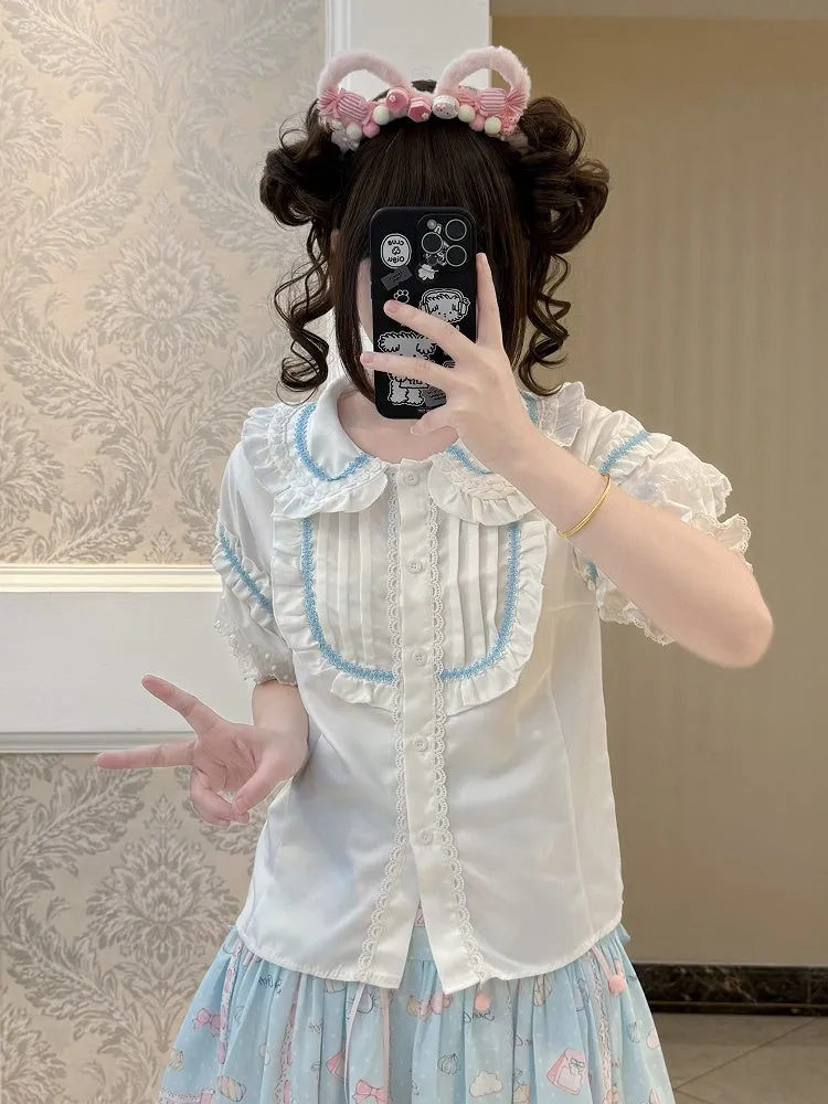 White and Blue Round Flat Collar Short Sleeves Blouse