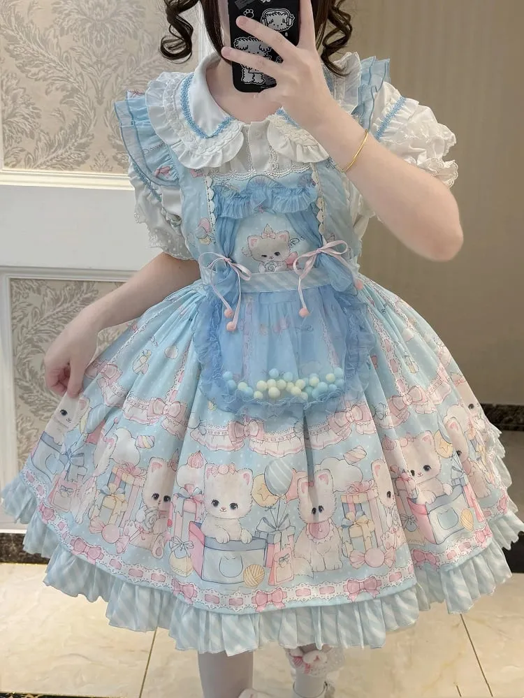 White and Blue Round Flat Collar Short Sleeves Blouse