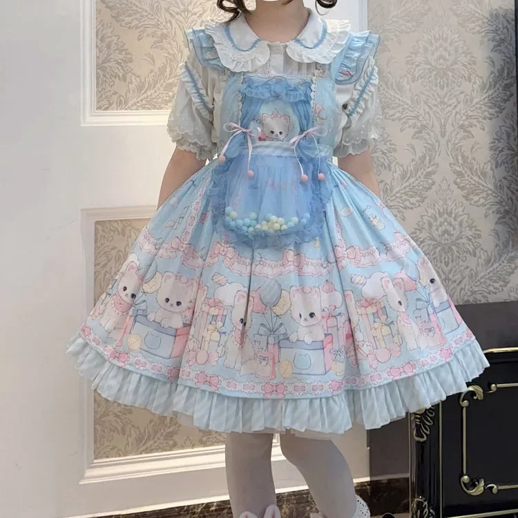 White and Blue Round Flat Collar Short Sleeves Blouse