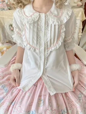 White and Pink Round Flat Collar Short Sleeves Blouse