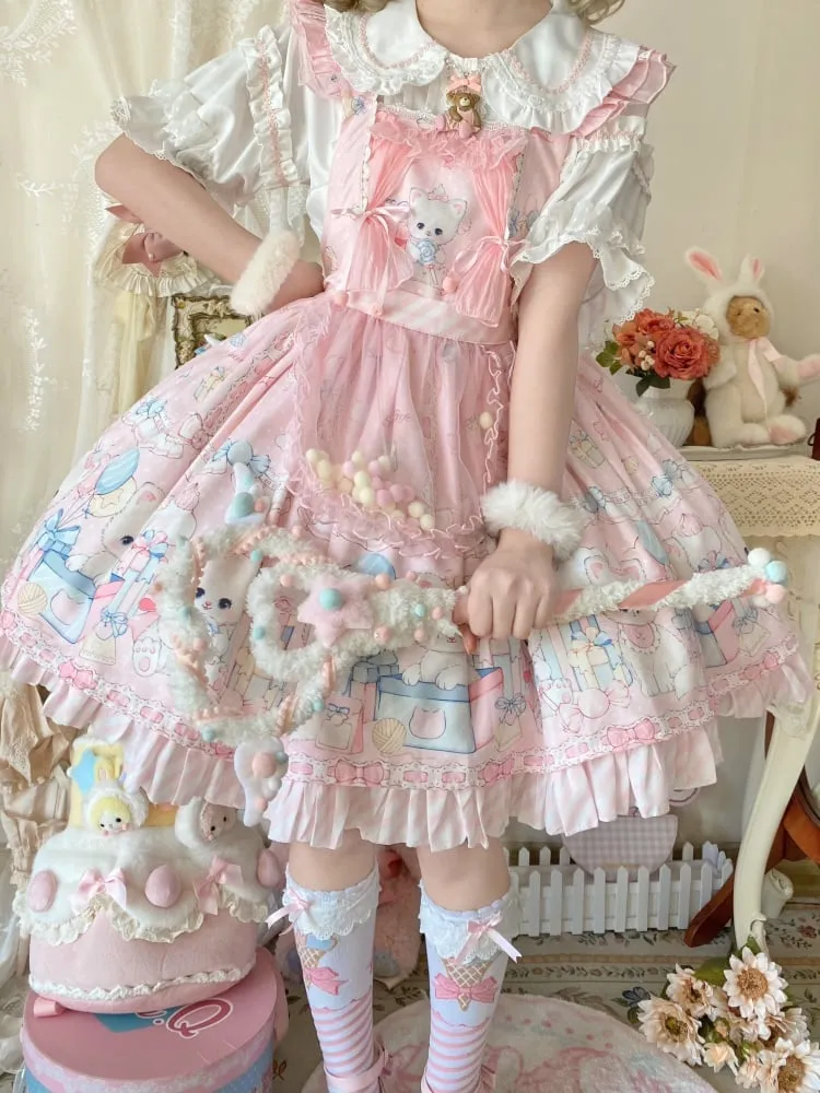 White and Pink Round Flat Collar Short Sleeves Blouse