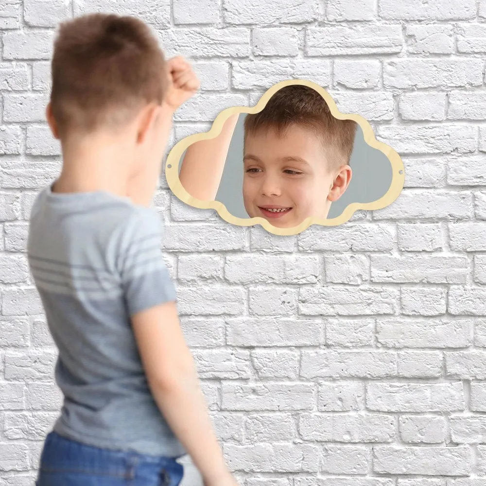 Wooden Engraved Acrylic Cloud Mirror Nursery Kids Room Decor Frameless Children Safety Wall Mirror Hanging Make-up Mirror