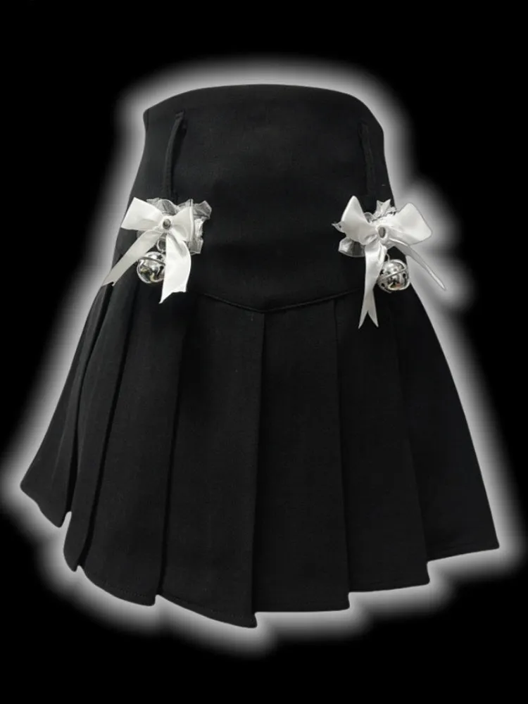 Y2K Black Bowknot Bell Details High Waist Pleated Skirt