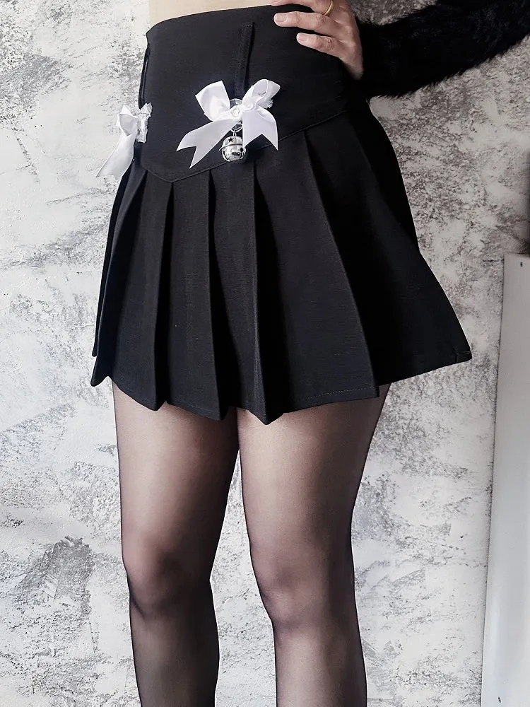 Y2K Black Bowknot Bell Details High Waist Pleated Skirt
