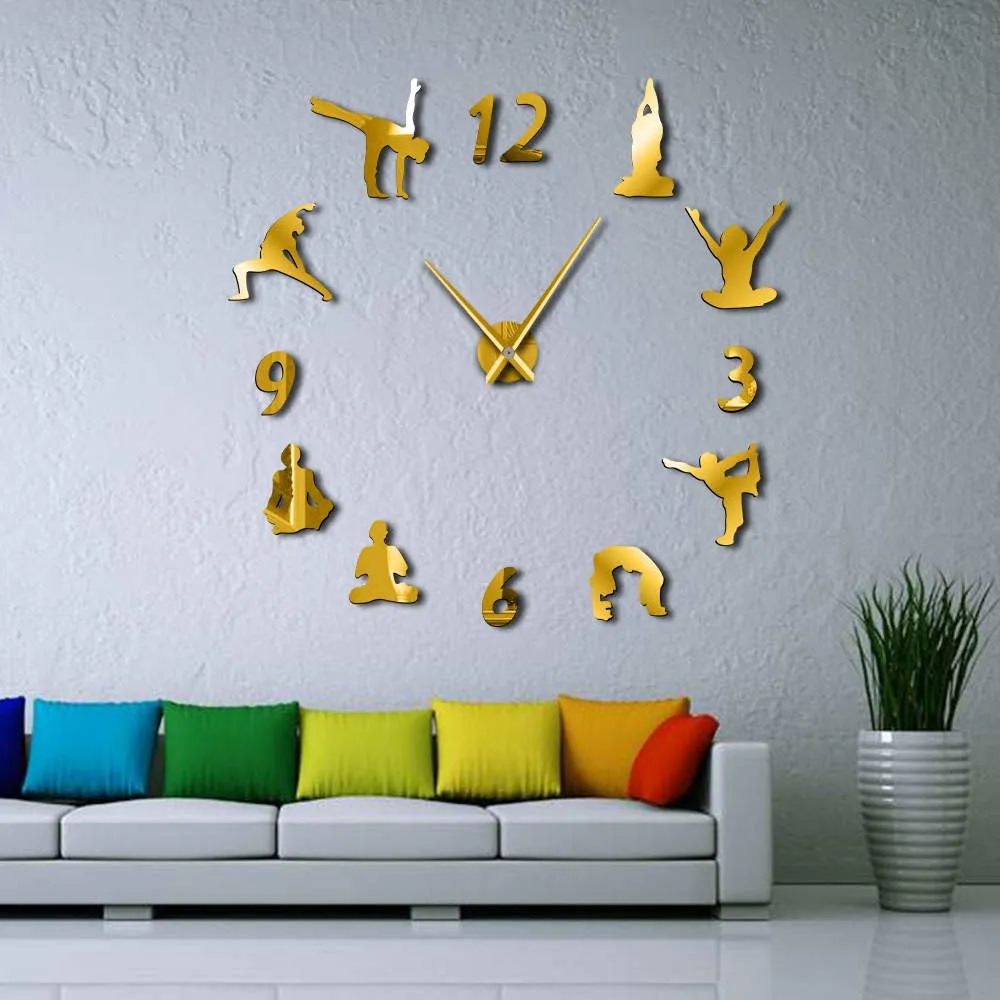 Yoga Large Wall Clocks Mirror Effect Living Room DIY Wall Clock Meditation Zen Wall Art Home Decoration Frameless Clock Watch