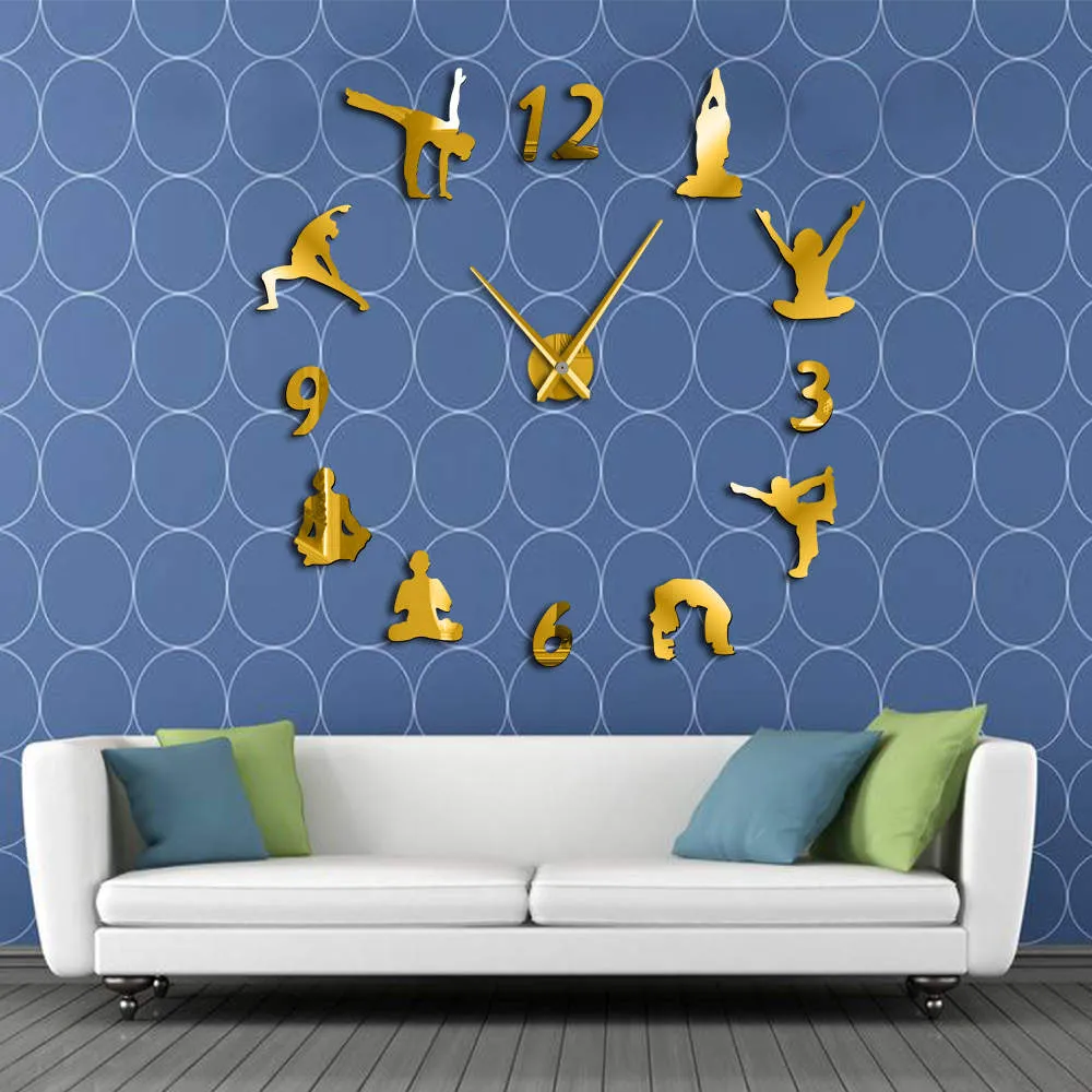 Yoga Large Wall Clocks Mirror Effect Living Room DIY Wall Clock Meditation Zen Wall Art Home Decoration Frameless Clock Watch