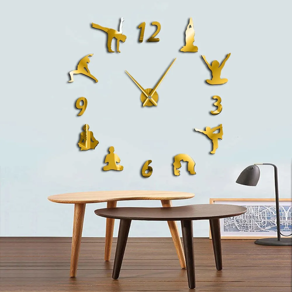 Yoga Large Wall Clocks Mirror Effect Living Room DIY Wall Clock Meditation Zen Wall Art Home Decoration Frameless Clock Watch
