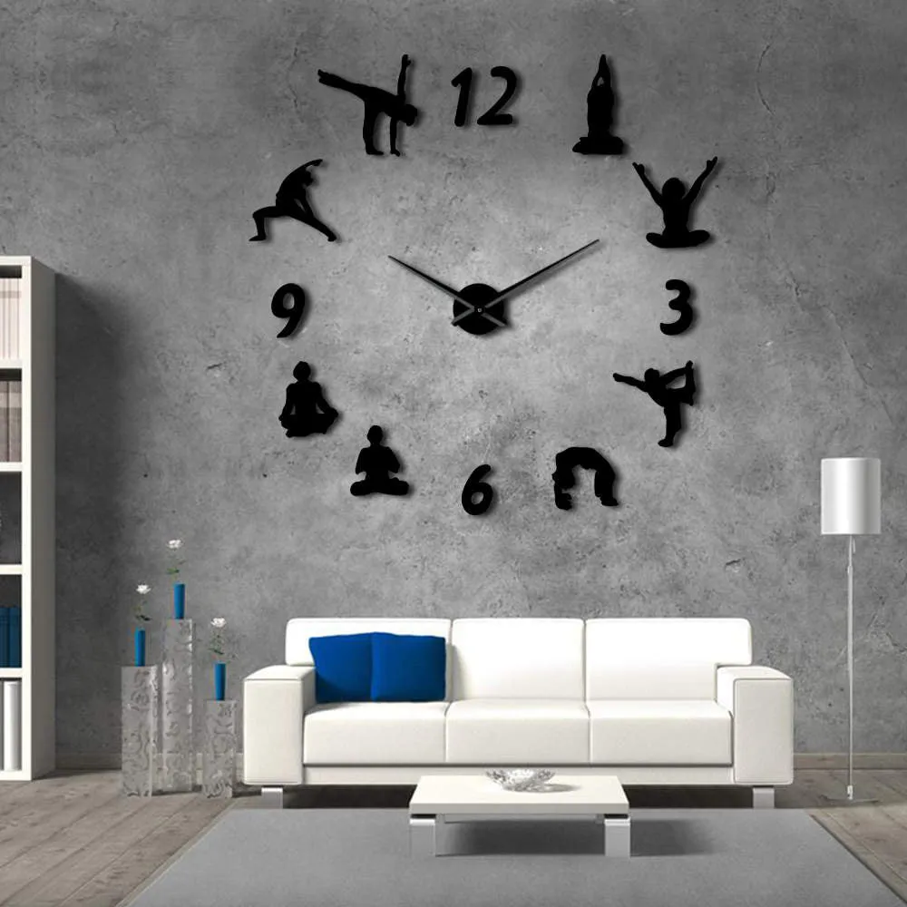 Yoga Large Wall Clocks Mirror Effect Living Room DIY Wall Clock Meditation Zen Wall Art Home Decoration Frameless Clock Watch