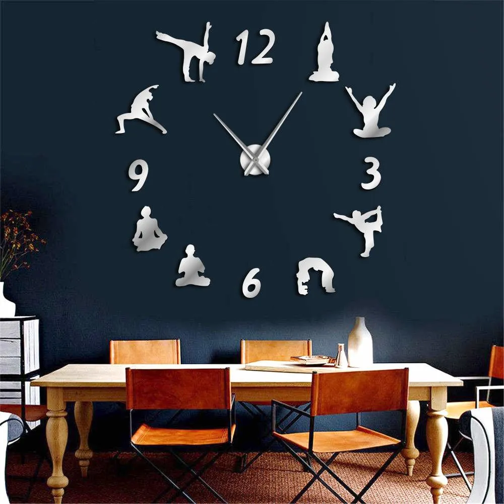 Yoga Large Wall Clocks Mirror Effect Living Room DIY Wall Clock Meditation Zen Wall Art Home Decoration Frameless Clock Watch