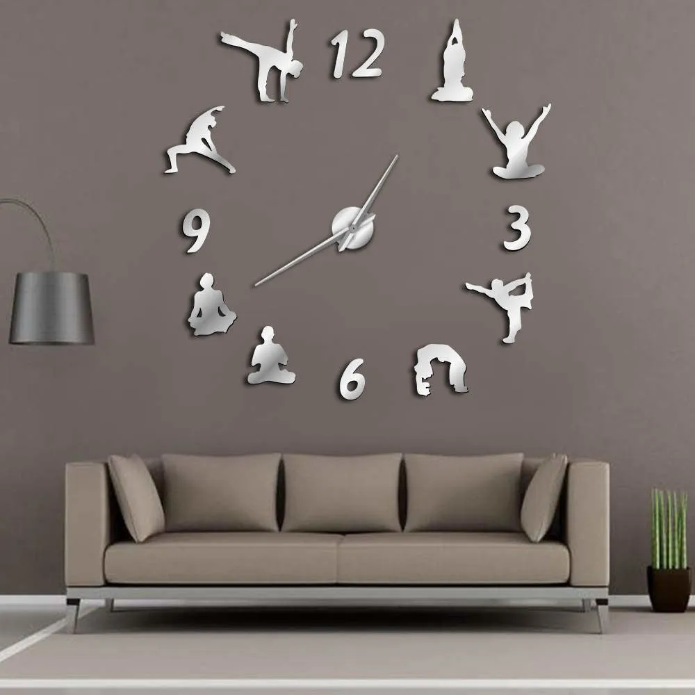 Yoga Large Wall Clocks Mirror Effect Living Room DIY Wall Clock Meditation Zen Wall Art Home Decoration Frameless Clock Watch