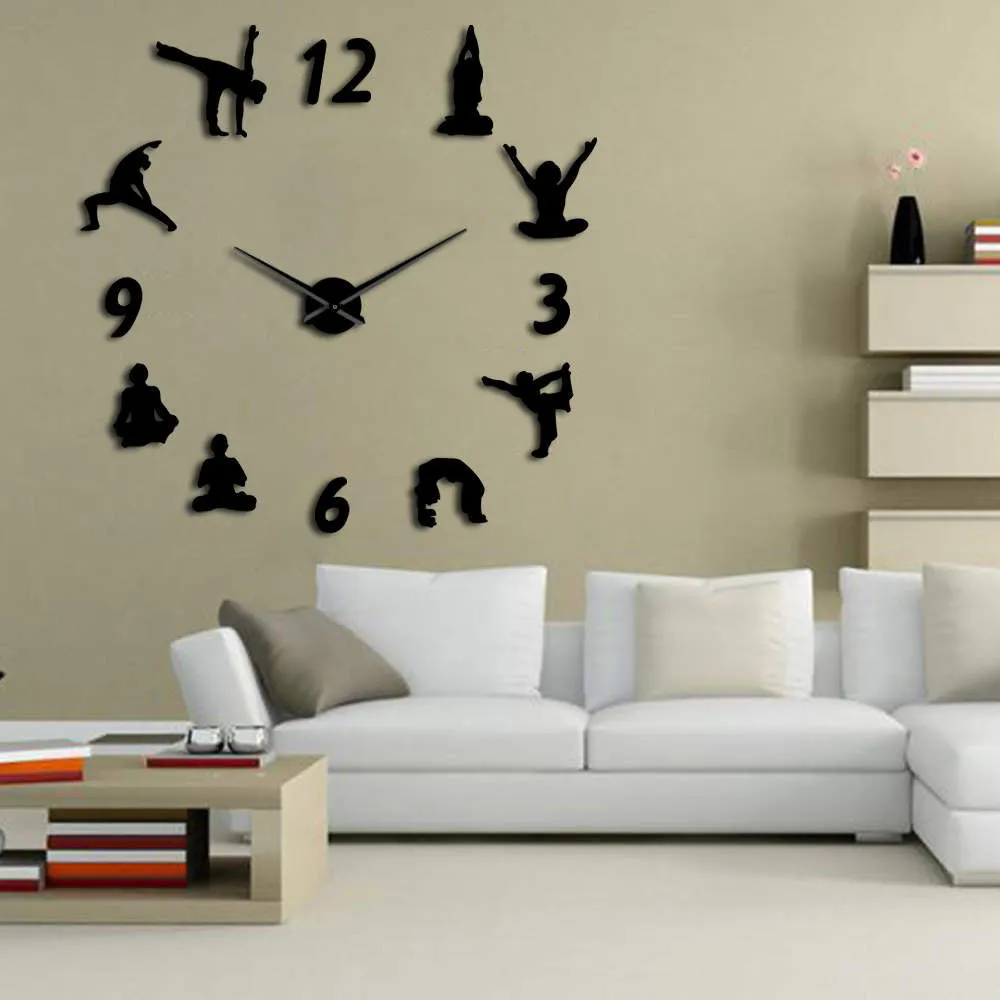 Yoga Large Wall Clocks Mirror Effect Living Room DIY Wall Clock Meditation Zen Wall Art Home Decoration Frameless Clock Watch